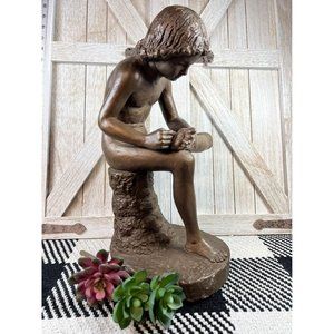 Bronze chalkware thorn in foot boy sculpture - approximately 18” tall